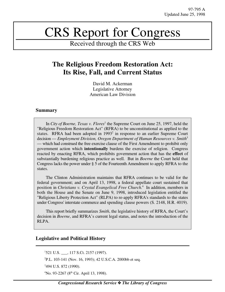 [19980625]97-795A_宗教自由恢复法案：其兴起、衰落和现状.pdf_第1页