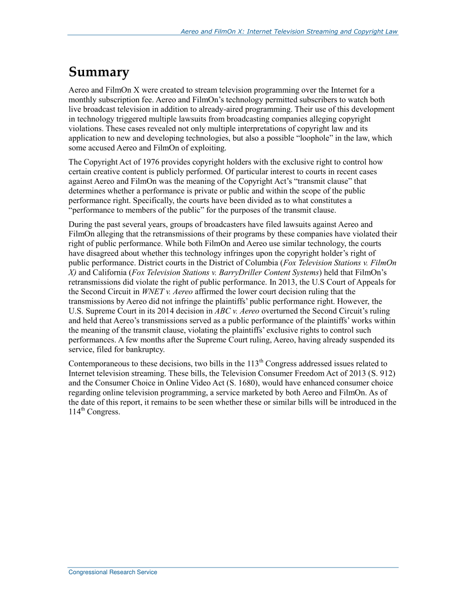 [20150122]R43359_Aereo和FilmOn X：互联网电视流媒体与版权法.pdf_第2页