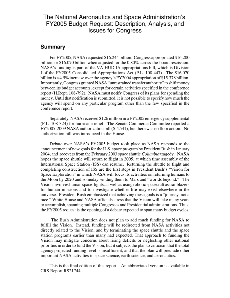[20041210]RL32676_美国国家航空航天局2005财年预算要求：国会的说明、分析和议题.pdf_第2页