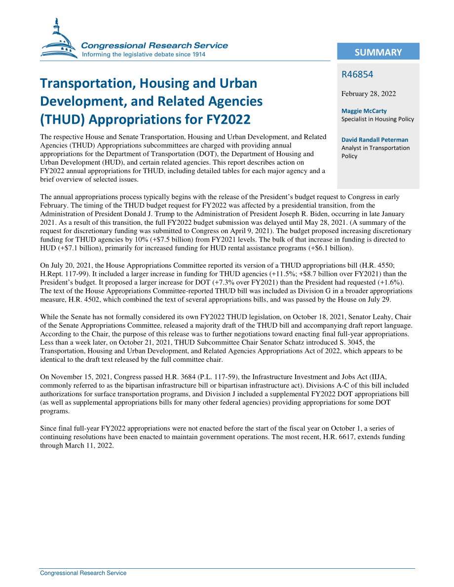 [20220228]R46854_2022财年交通、住房和城市发展及相关机构（THUD）拨款.pdf_第2页