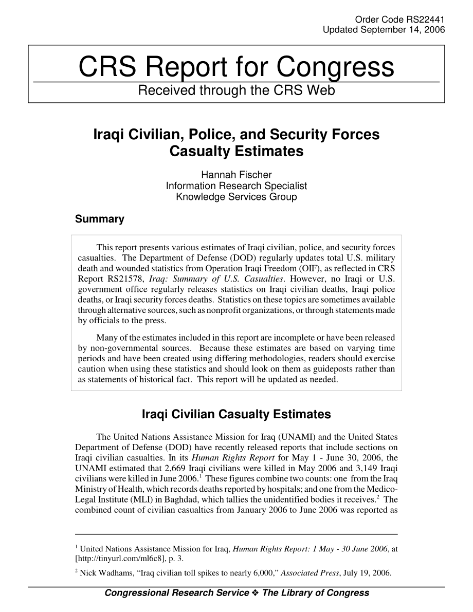 [20060914]RS22441_伊拉克平民、警察和安全部队伤亡估计.pdf_第1页