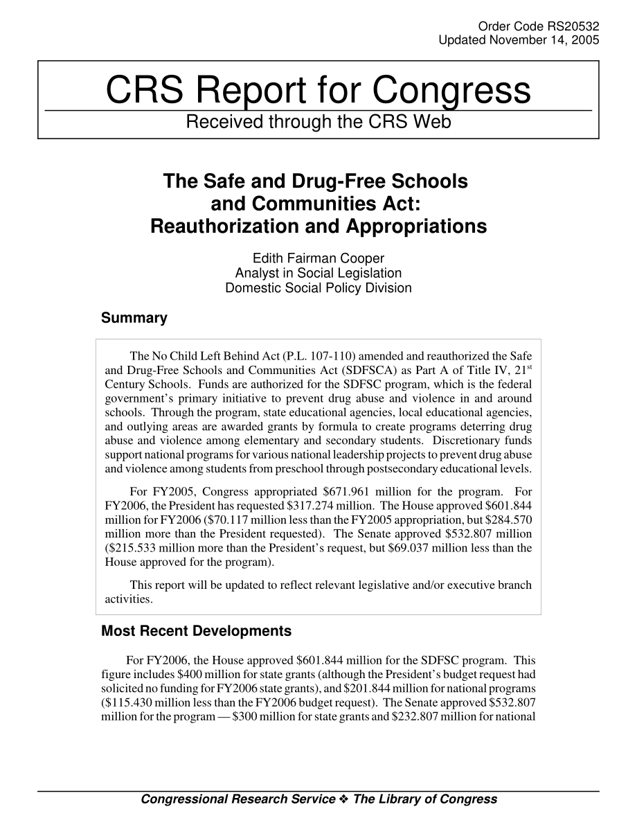 [20051114]RS20532_《安全和无毒学校和社区法》：重新授权和拨款.pdf_第1页