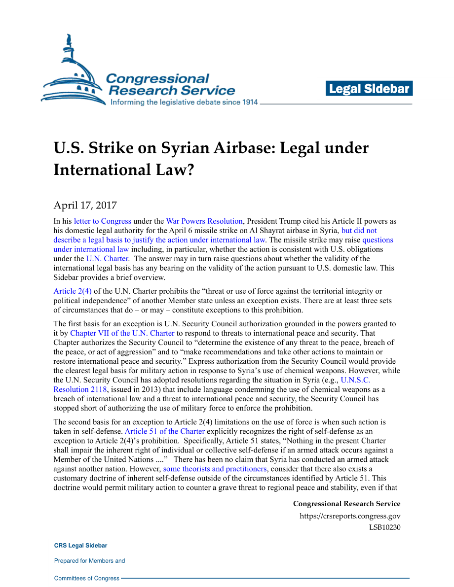 [20170417]LSB10230_美国打击叙利亚空军基地：根据国际法是否合法？ .pdf_第1页