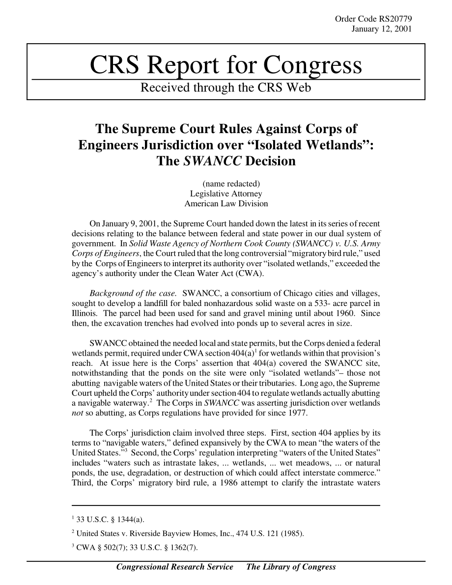 [20010112]RS20779_最高法院裁定美国工程兵团对“孤立湿地”的管辖权无效：SWANCC决定.pdf_第1页