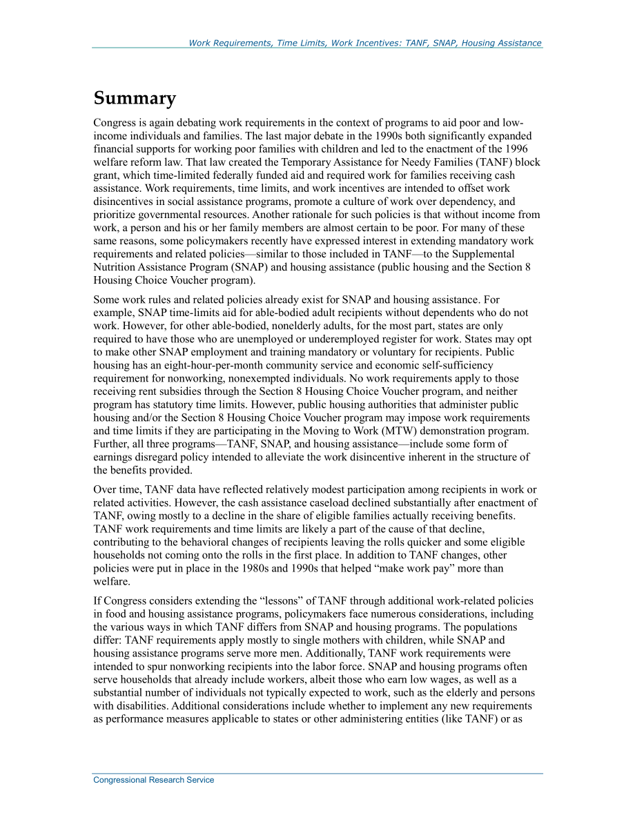 [20161109]R43400_TANF、SNAP和住房援助中的工作要求、时间限制和工作激励.pdf_第2页