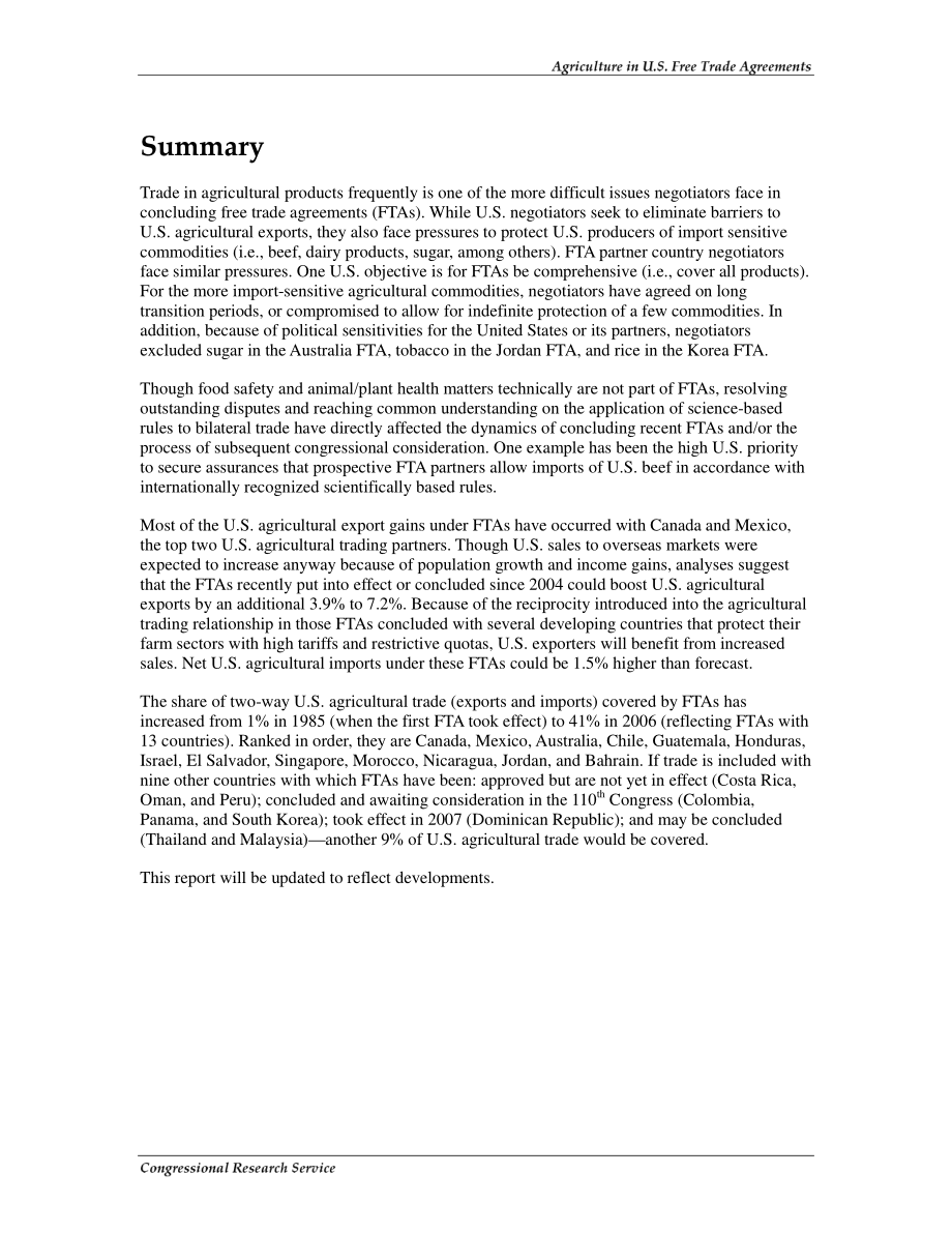 [20080130]RL34134_美国自由贸易协定中的农业：与当前和潜在合作伙伴的贸易、影响和问题.pdf_第2页