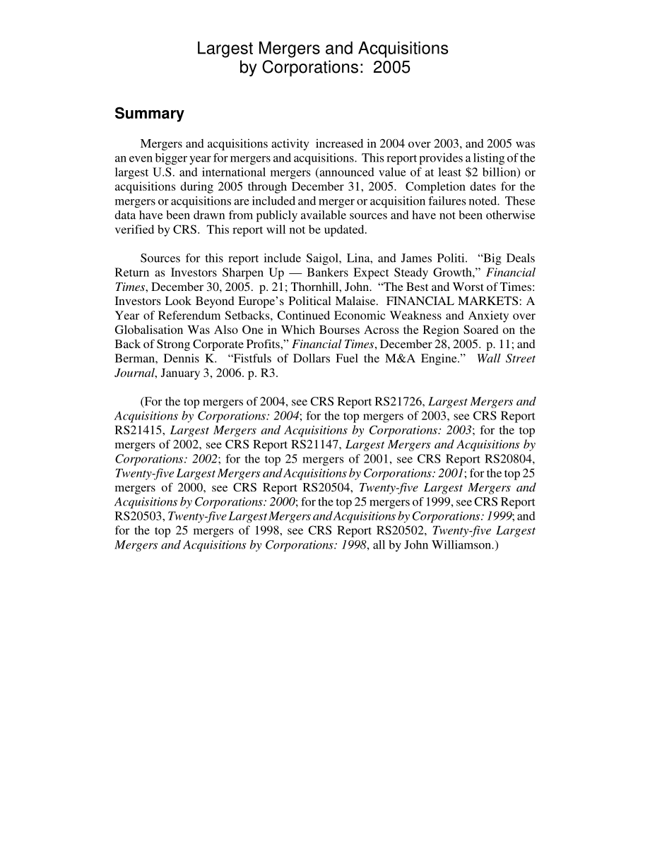 [20060106]RL33329_最大的企业并购：2005.pdf_第2页