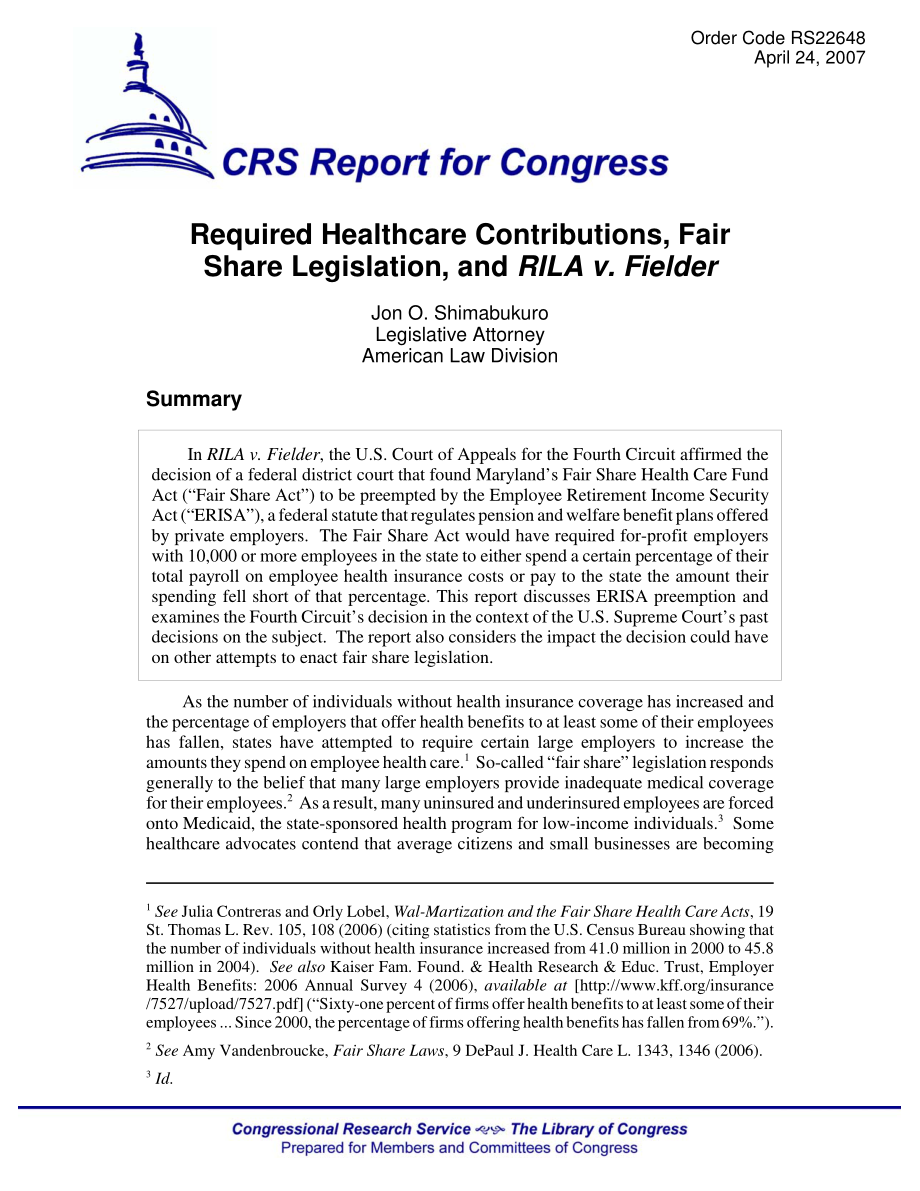 [20070424]RS22648_要求的医疗保健缴款、公平份额立法和RILA v.Fielder.pdf_第1页