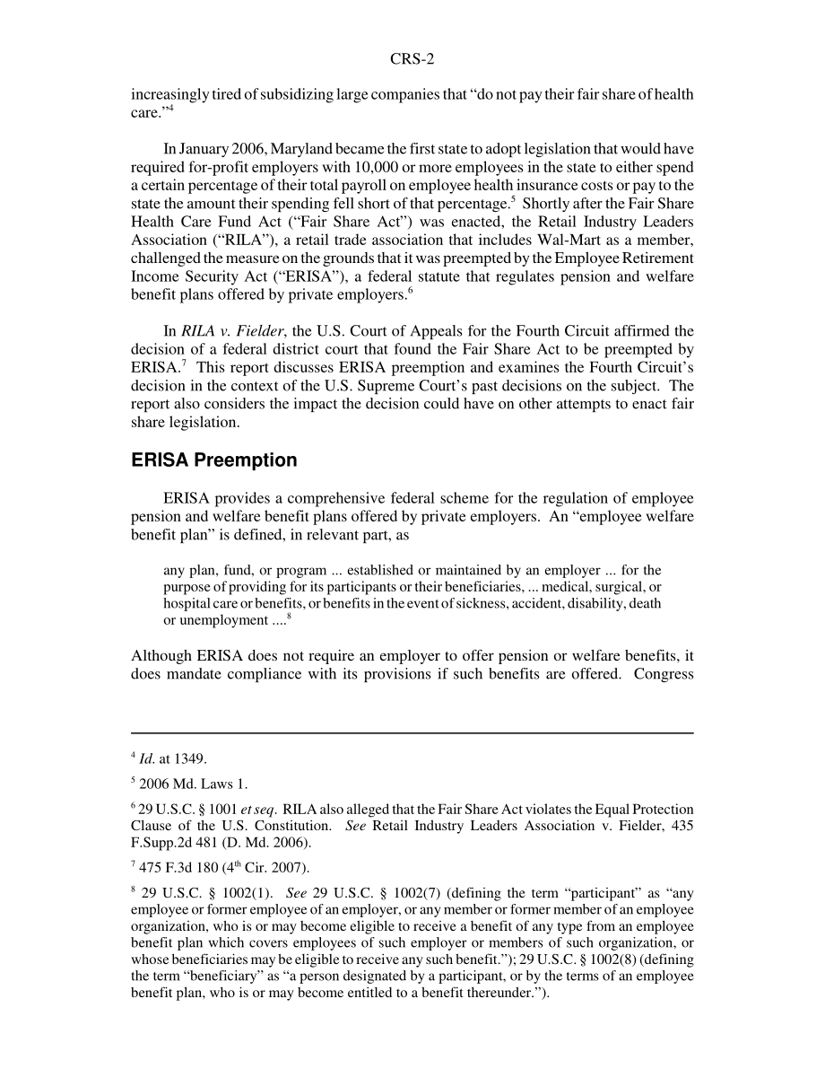 [20070424]RS22648_要求的医疗保健缴款、公平份额立法和RILA v.Fielder.pdf_第2页
