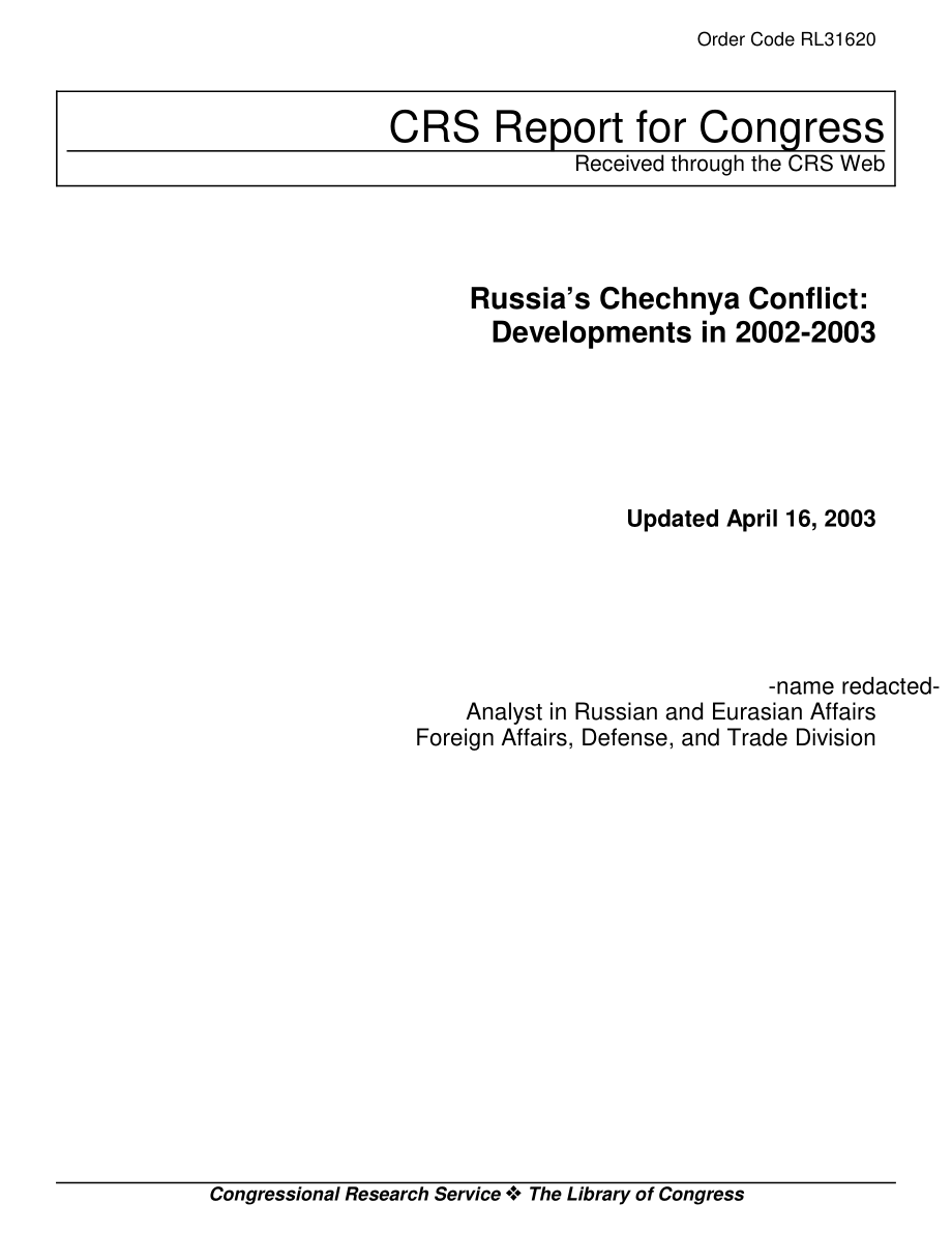 [20030416]RL31620_俄罗斯车臣冲突：2002-2003年的事态发展.pdf_第1页
