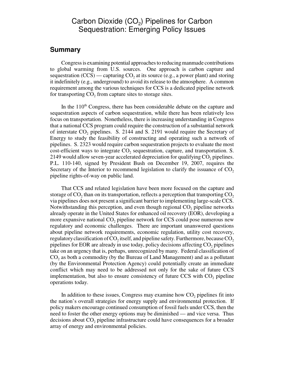 [20080117]RL33971_用于碳封存的二氧化碳（CO2）管道：新出现的政策问题.pdf_第2页