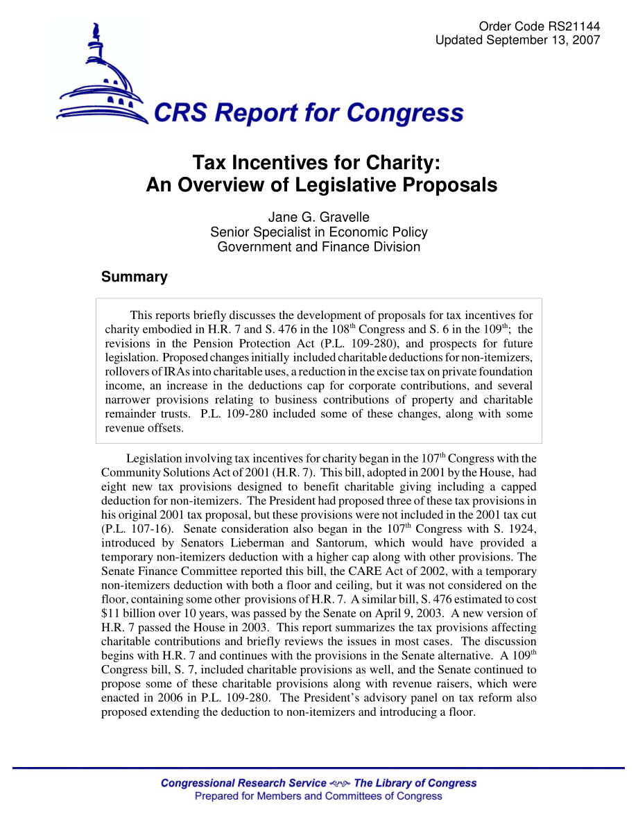 [20070913]RS21144_慈善税收优惠：立法提案概述.pdf_第1页