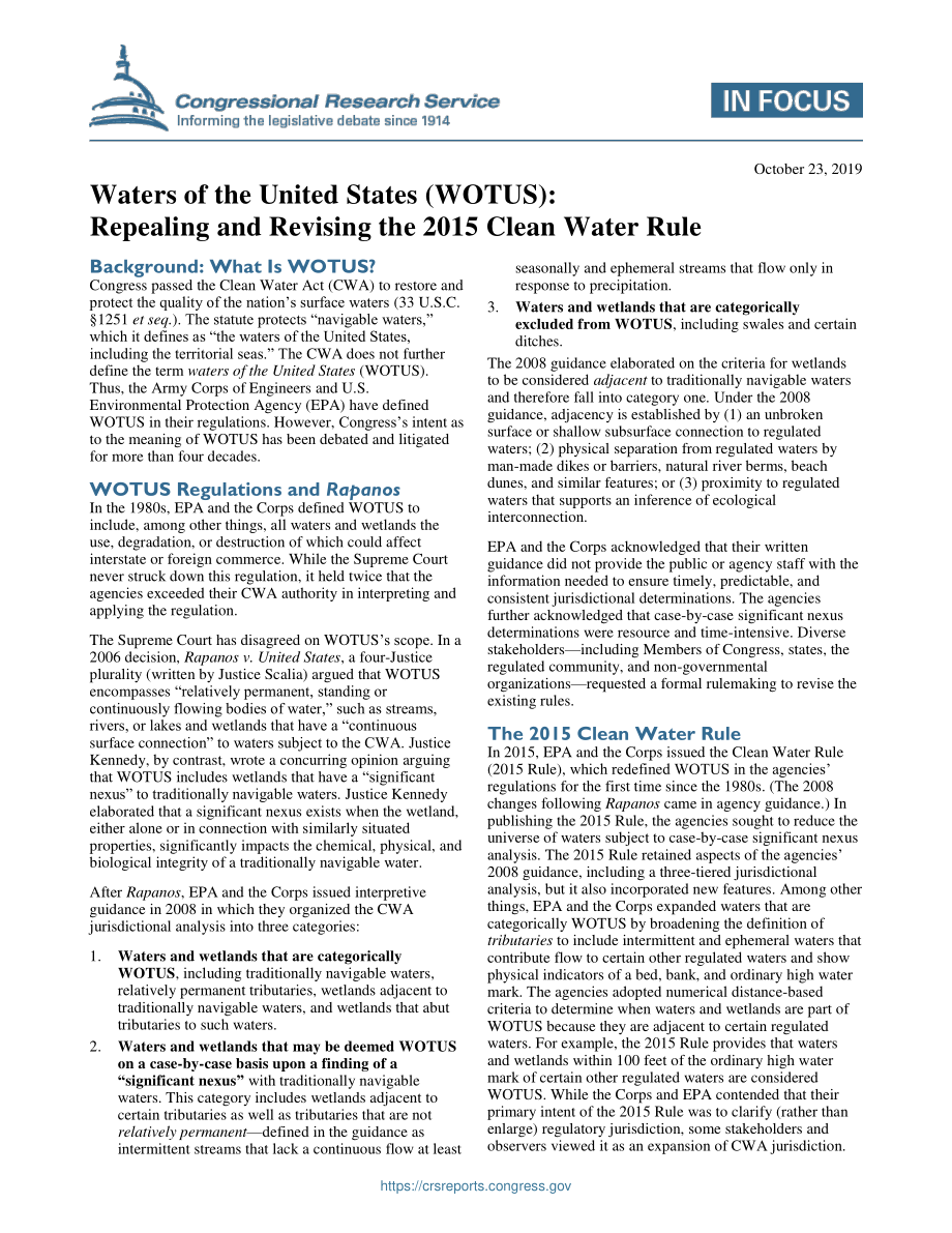 [20191023]IF11339_美国水域（WOTUS）：废除和修订2015年《清洁水规则》.pdf_第1页