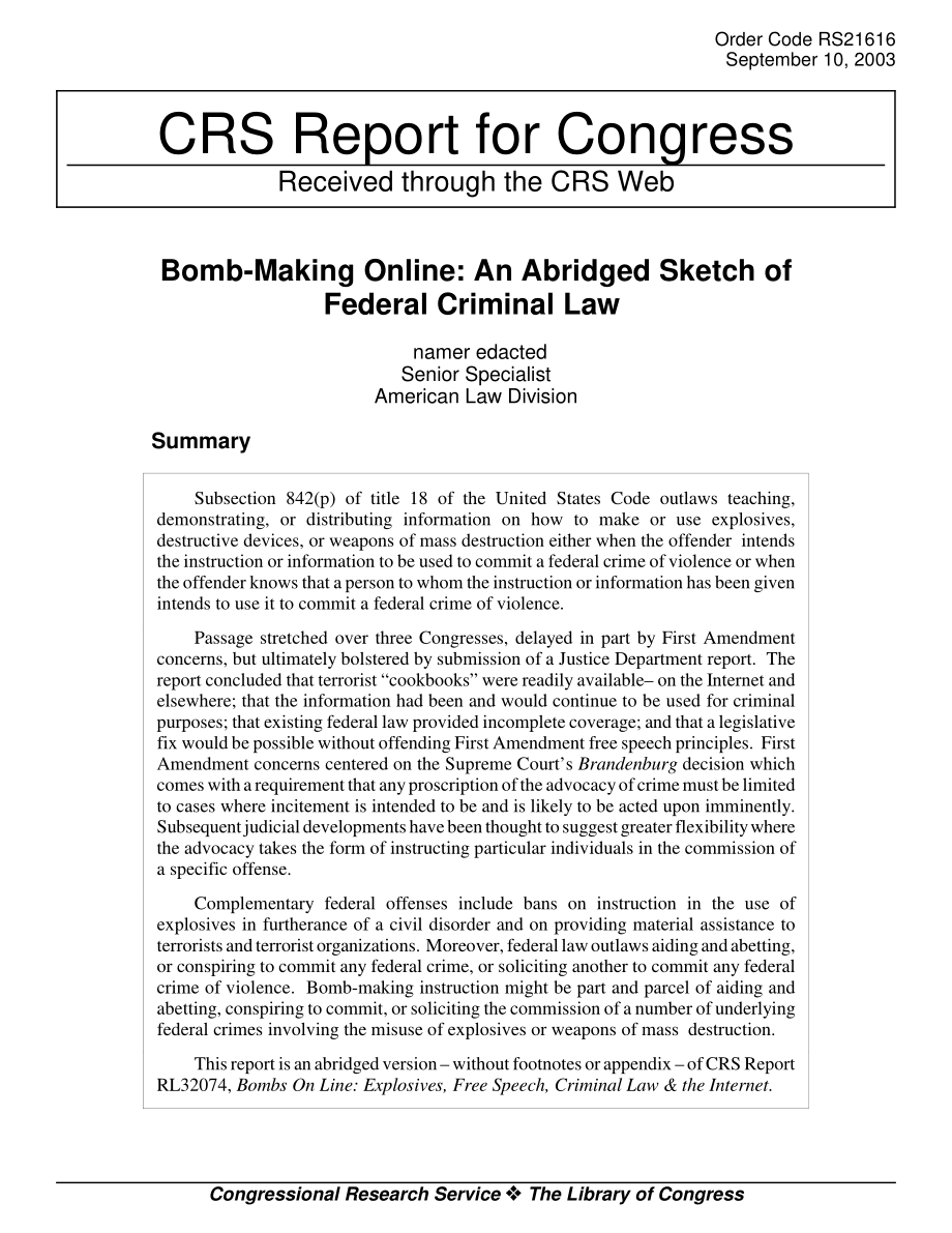 [20030910]RS21616_在线制作炸弹：联邦刑法简略概述.pdf_第1页