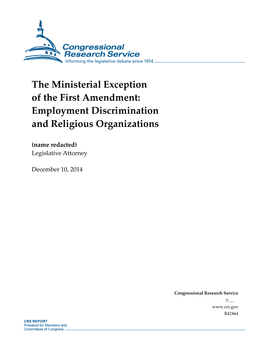 [20141210]R42464_第一修正案的部长级例外：就业歧视与宗教组织.pdf_第1页