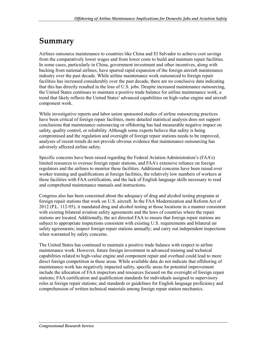 [20121221]R42876_航空公司维护外包：对国内就业和航空安全的影响.pdf_第2页