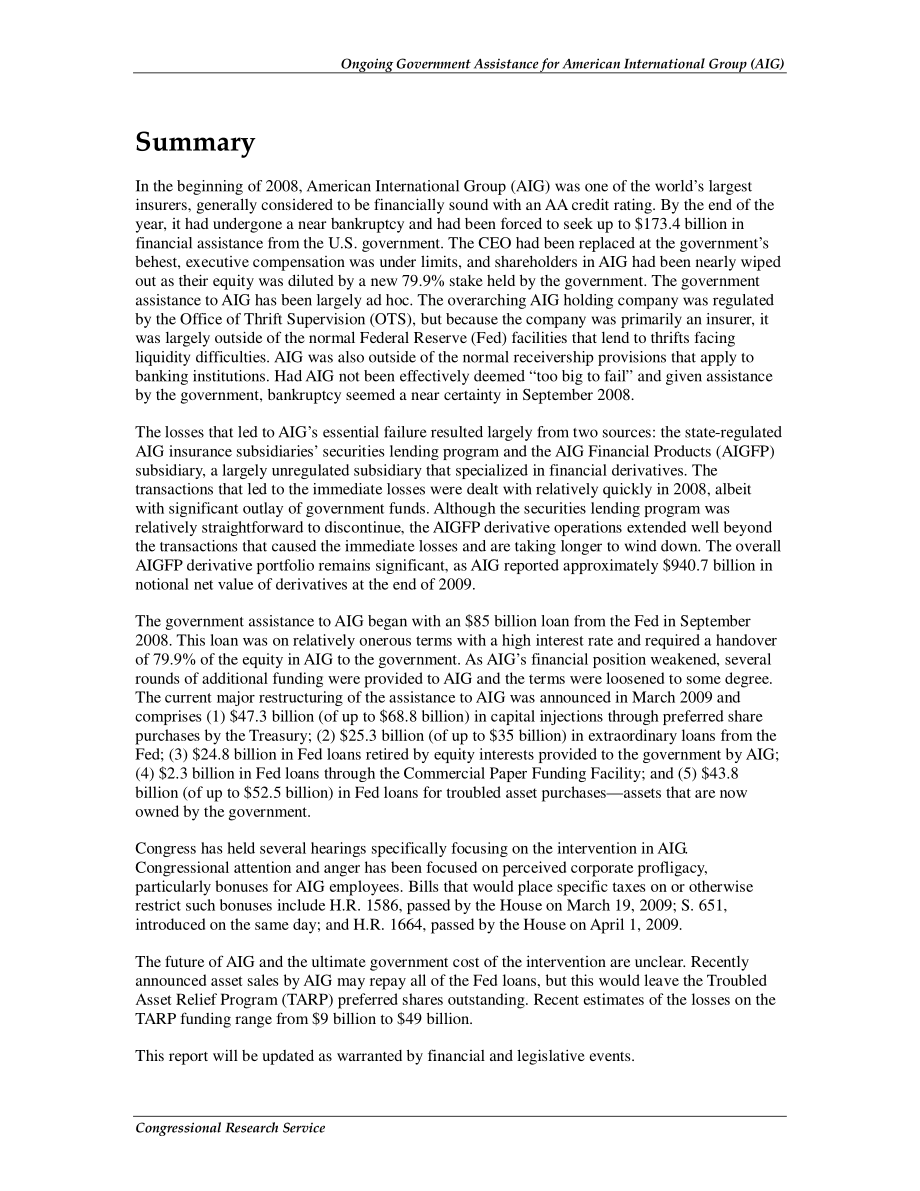 [20100318]R40438_政府对美国国际集团（AIG）的持续援助.pdf_第2页