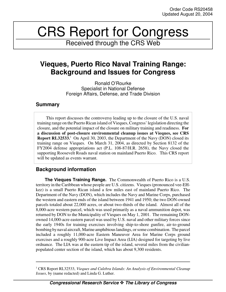 [20040820]RS20458_波多黎各别克斯海军训练场：国会背景和议题.pdf_第1页