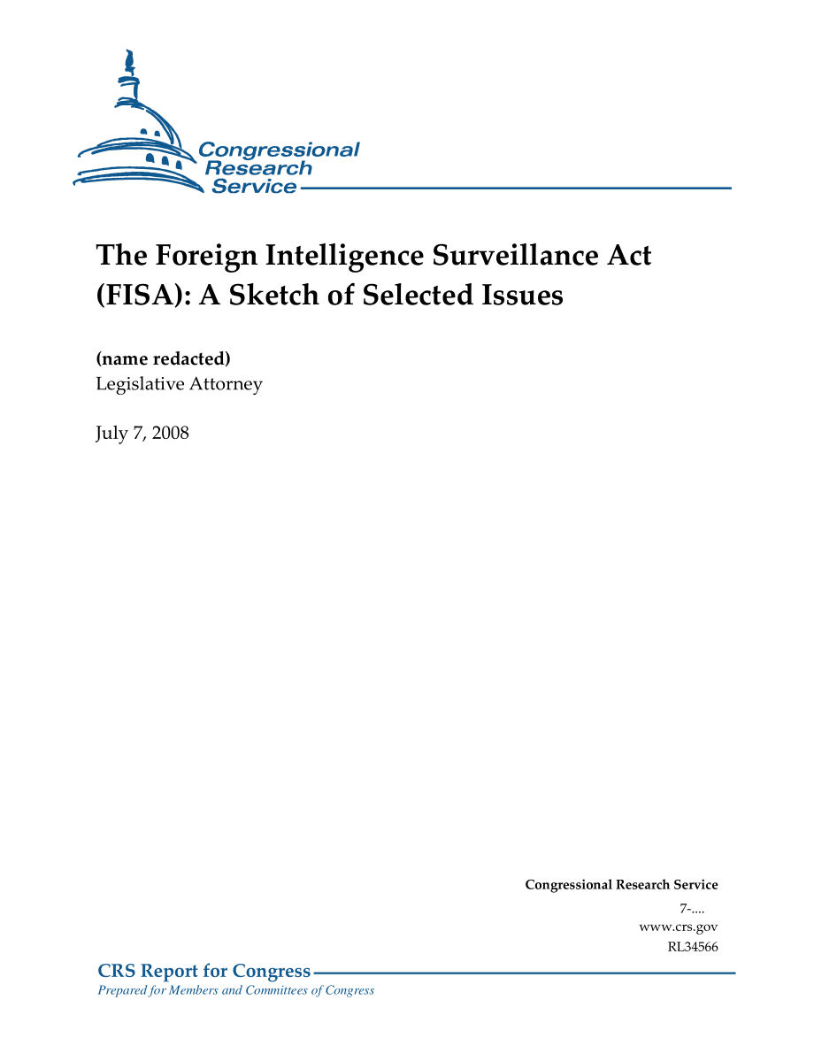 [20080707]RL34566_《外国情报监视法》（FISA）：选定问题的草图.pdf_第1页