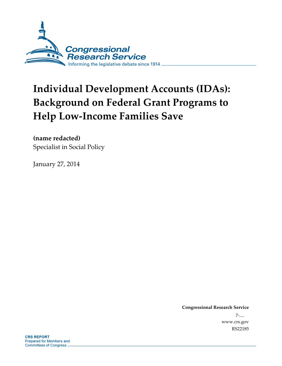[20140127]RS22185_个人发展账户（IDA）：帮助低收入家庭储蓄的联邦补助计划背景.pdf_第1页