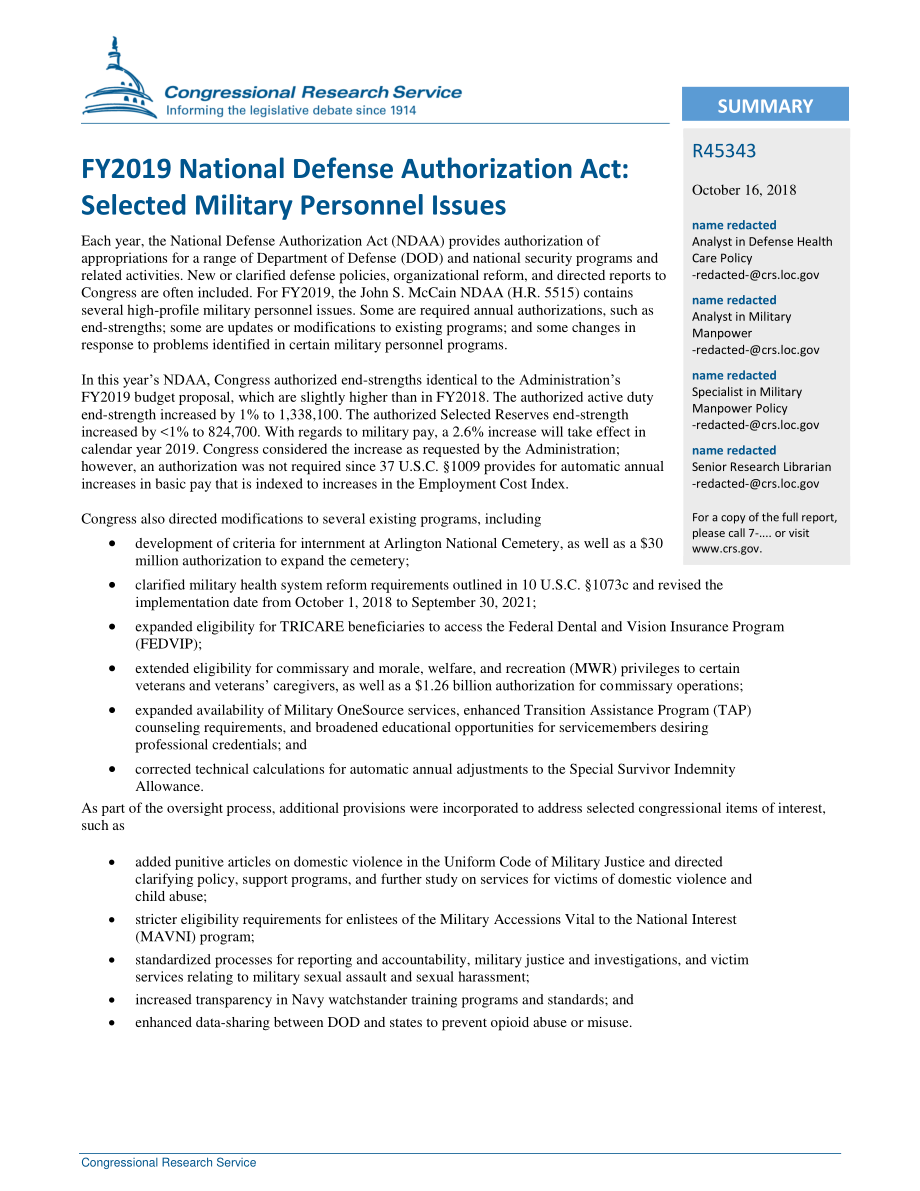 [20181016]R45343_2019财年国防授权法案：选定的军事人员问题.pdf_第2页