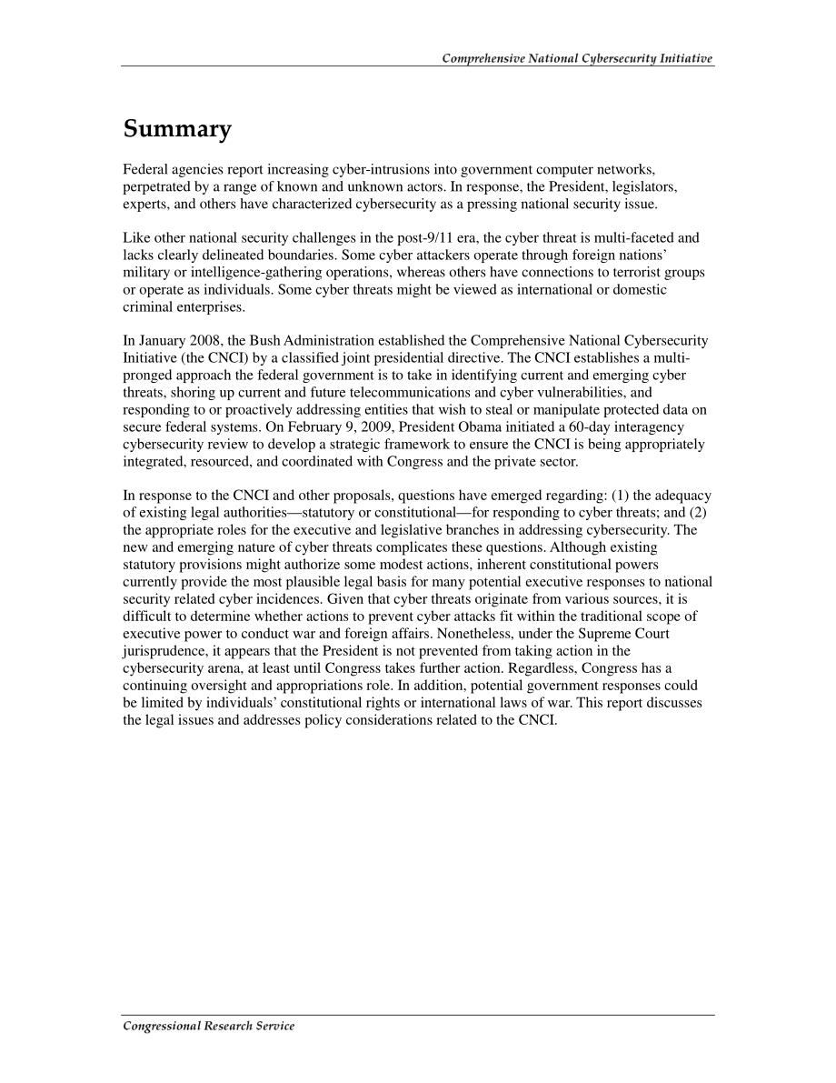 [20090310]R40427_综合国家网络安全倡议：法律授权和政策考虑.pdf_第2页