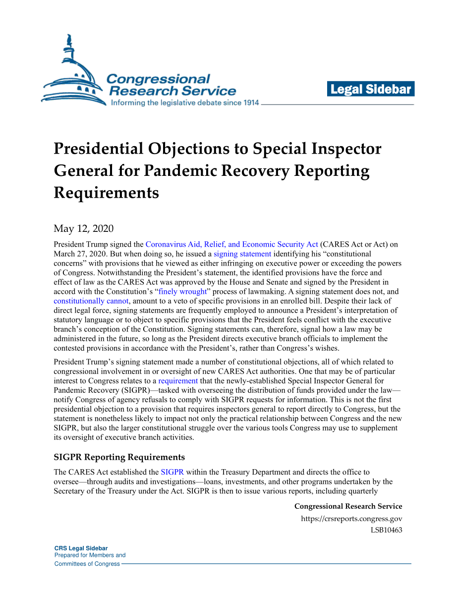 [20200512]LSB10463_总统对流行病恢复特别监察长报告要求的反对意见 .pdf_第1页