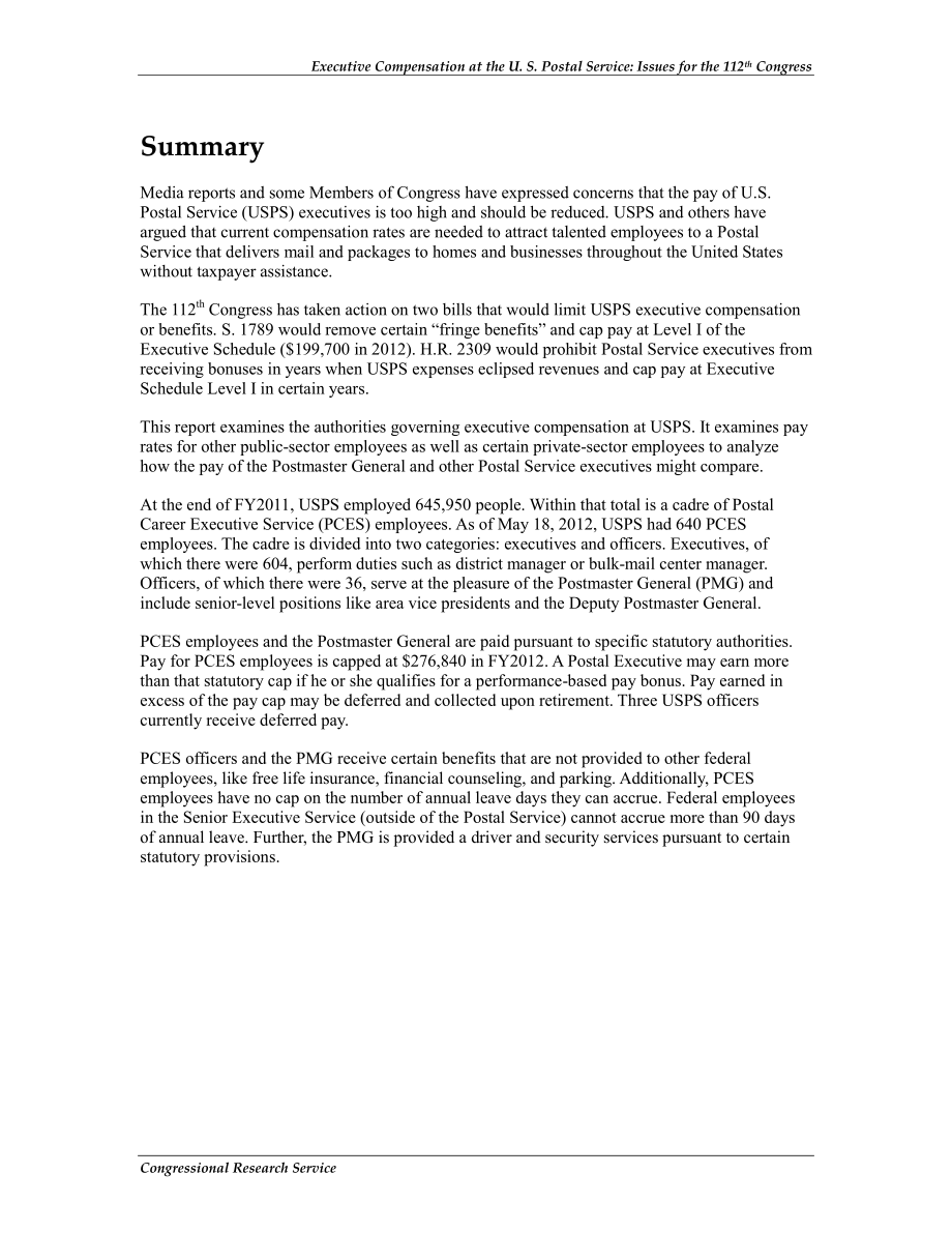[20120723]R42623_美国邮政局高管薪酬：第112届国会议题.pdf_第2页