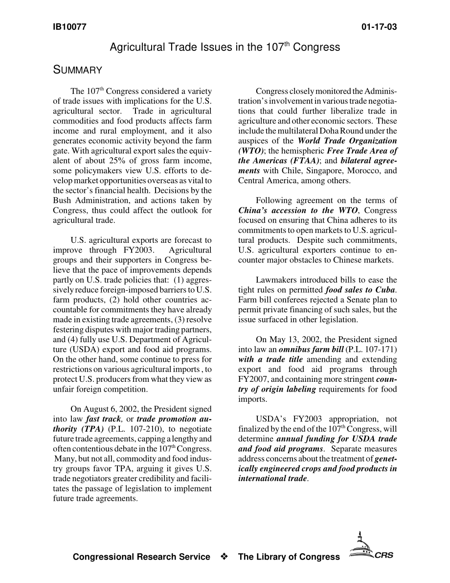 [20030117]IB10077_第107届国会的农业贸易问题.pdf_第3页