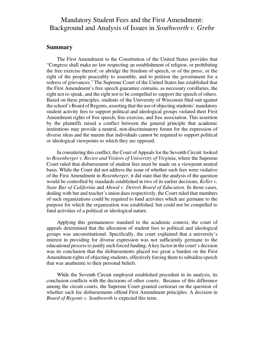 [20000215]RL30433_强制性学生费用和第一修正案：Southworth诉Grebe案的背景和问题分析.pdf_第3页
