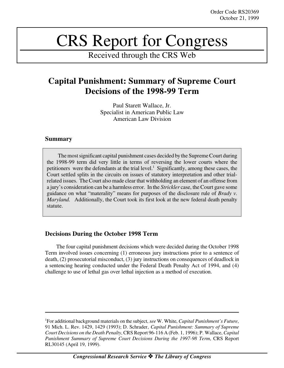 [19991021]RS20369_死刑： Summary of Supreme Court Decisions of the 1998-99 Term.pdf_第1页