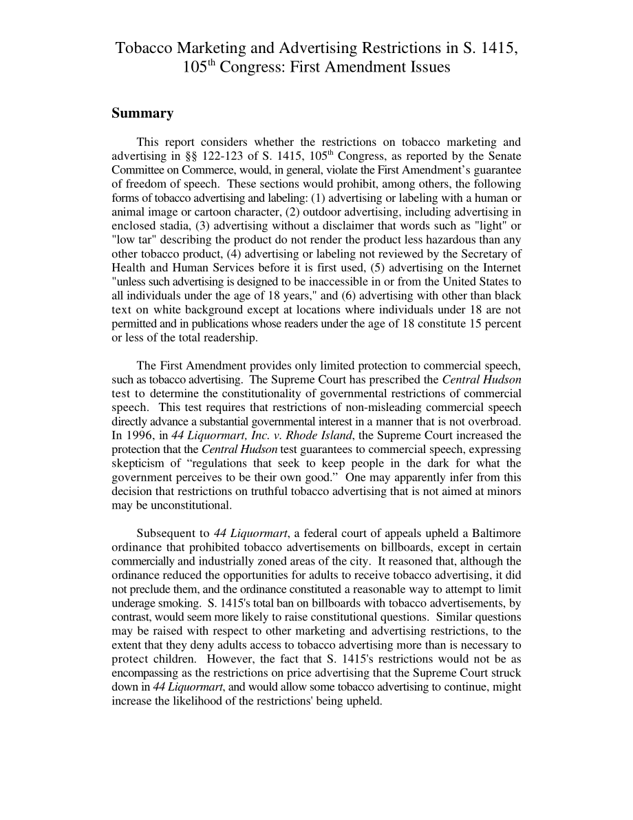 [19980515]98-466A_S.1415第105届国会中的烟草营销和广告限制：第一修正案问题.pdf_第3页