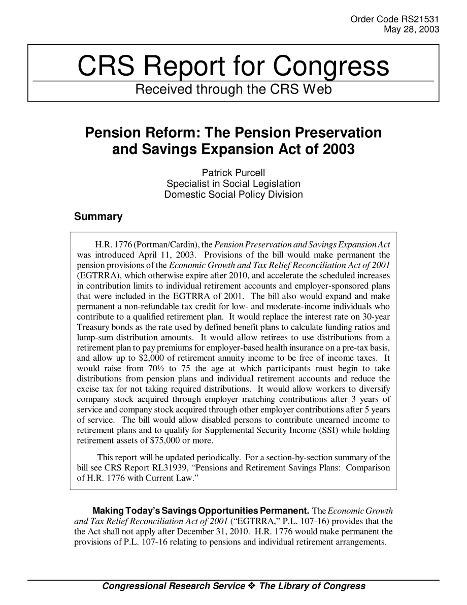 [20030528]RS21531_养老金改革：2003年养老金保护和储蓄扩张法案.pdf_第1页