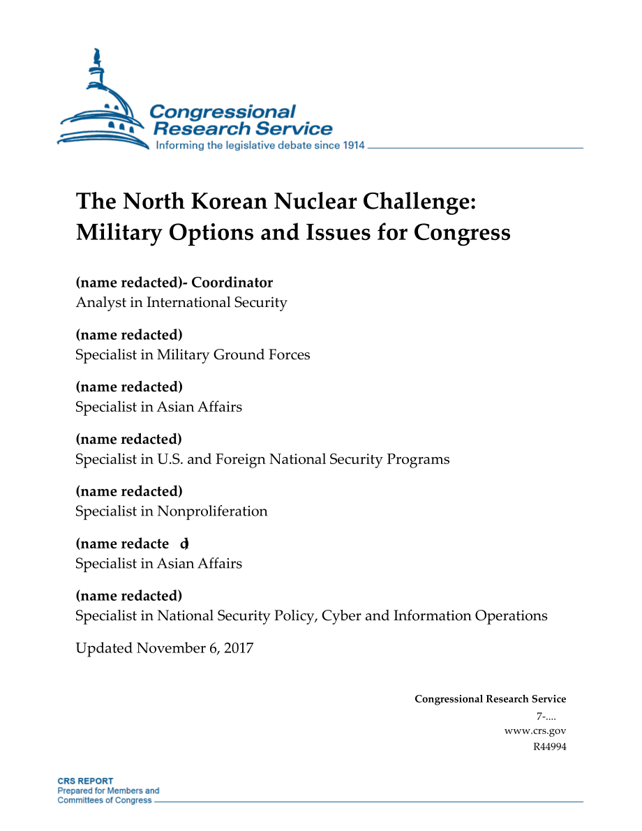 [20171106]R44994_朝鲜核挑战：国会的军事选择和问题.pdf_第1页