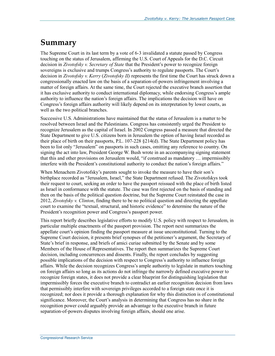 [20150928]R43773_齐沃托夫斯基诉克里：耶路撒冷护照案及其对国会外交权力的潜在影响.pdf_第2页