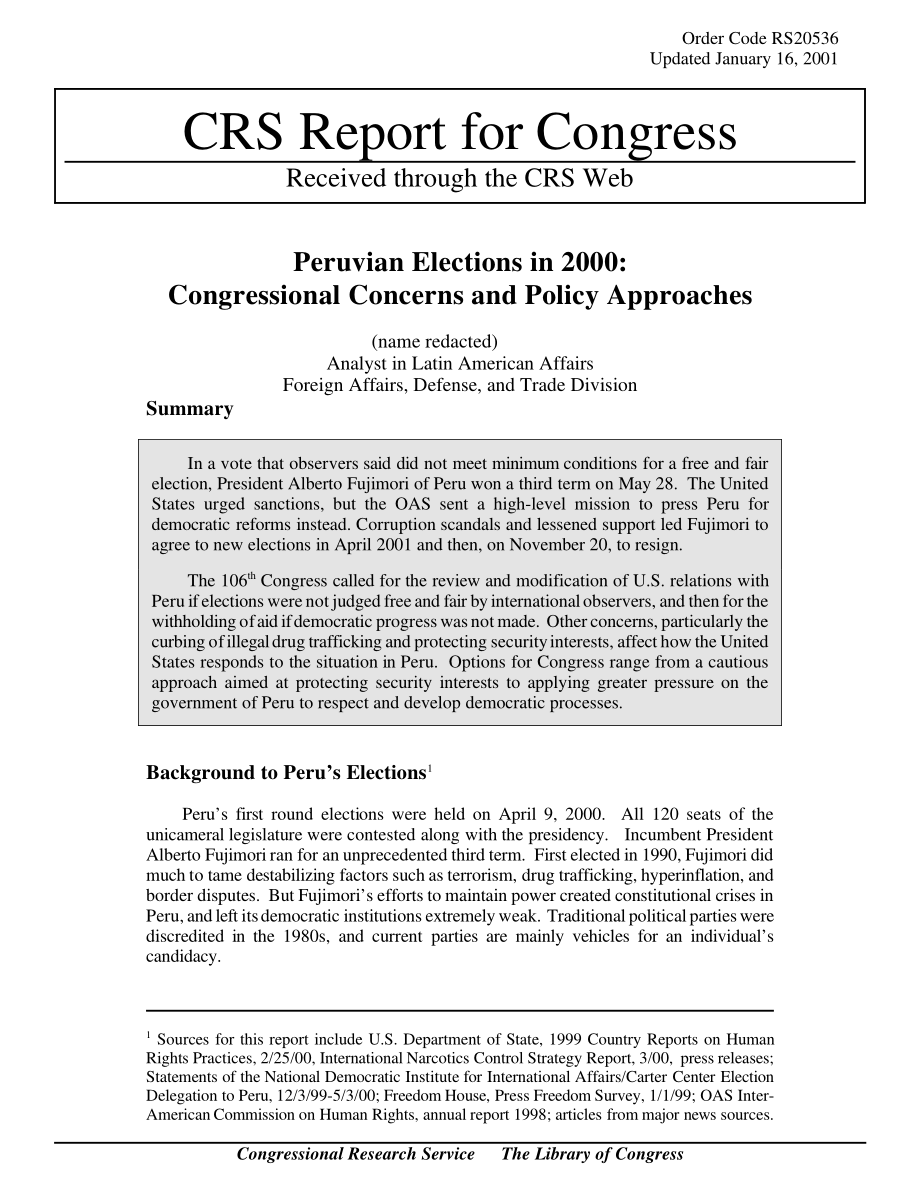 [20010116]RS20536_2000年秘鲁选举：国会关注的问题和政策方针.pdf_第1页