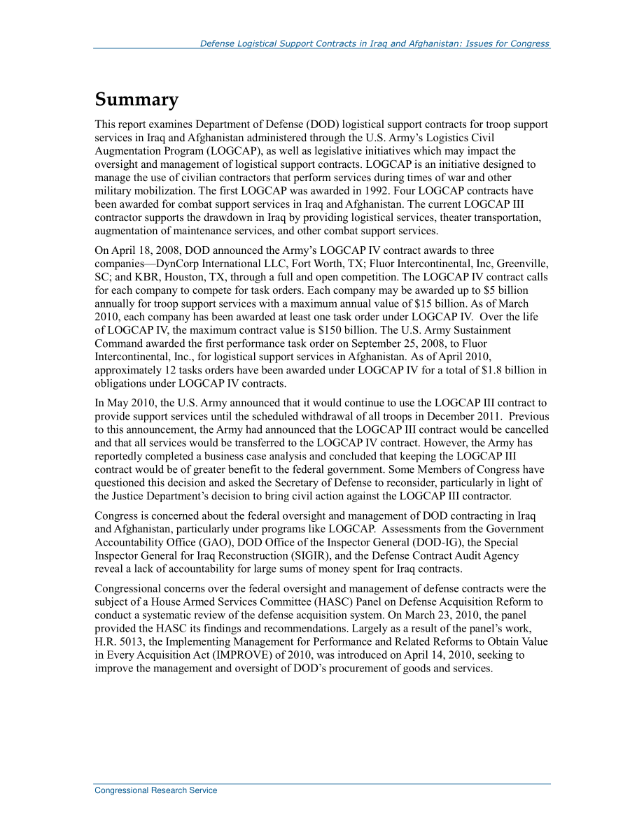 [20100920]RL33834_伊拉克和阿富汗国防后勤保障合同：国会议题.pdf_第2页