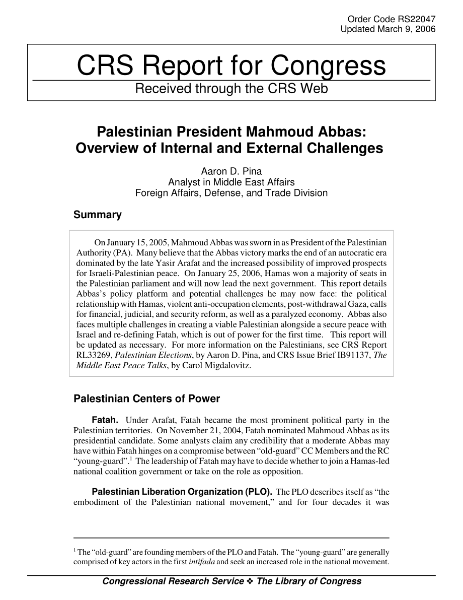 [20060309]RS22047_巴勒斯坦总统马哈茂德·阿巴斯：内部和外部挑战概述.pdf_第1页