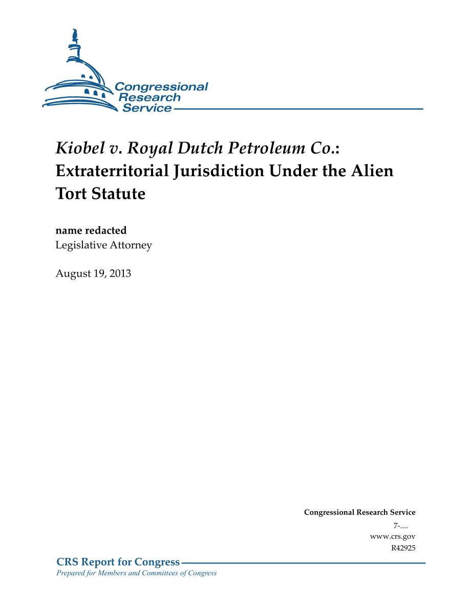 [20130819]R42925_Kiobel诉荷兰皇家石油公司：《外国人侵权法》规定的域外管辖权.pdf_第1页
