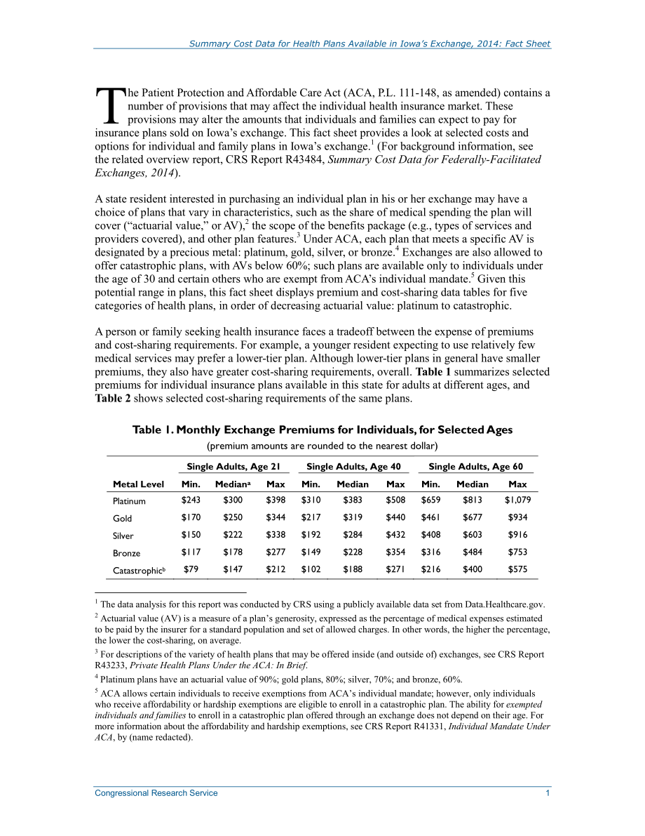 [20140424]R43503_爱荷华州交易所2014年提供的健康计划成本汇总数据：情况说明书.pdf_第2页