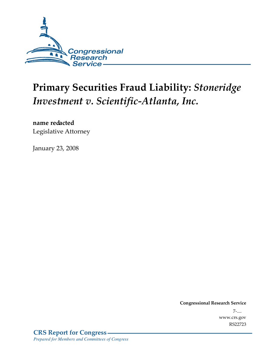 [20080123]RS22723_主要证券欺诈责任：Stoneridge Investment v.Scientific Atlanta股份有限公司.pdf_第1页