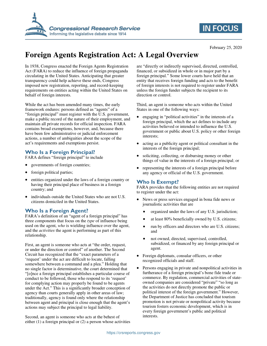 [20200225]IF11439_《外国代理商注册法》（FARA）：法律概述.pdf_第1页