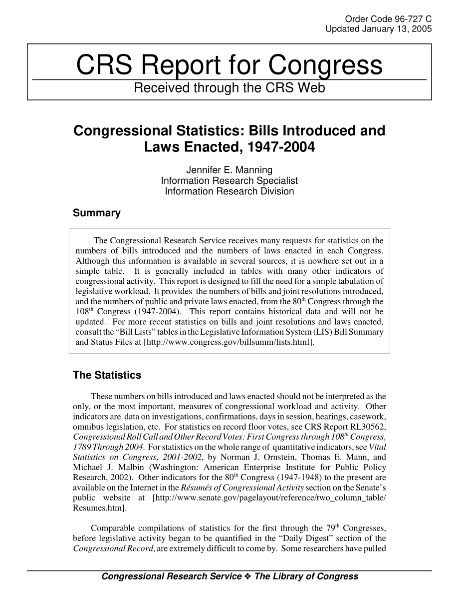 [20050113]96-727_国会统计数据：1947-2004年提出的法案和颁布的法律.pdf_第1页