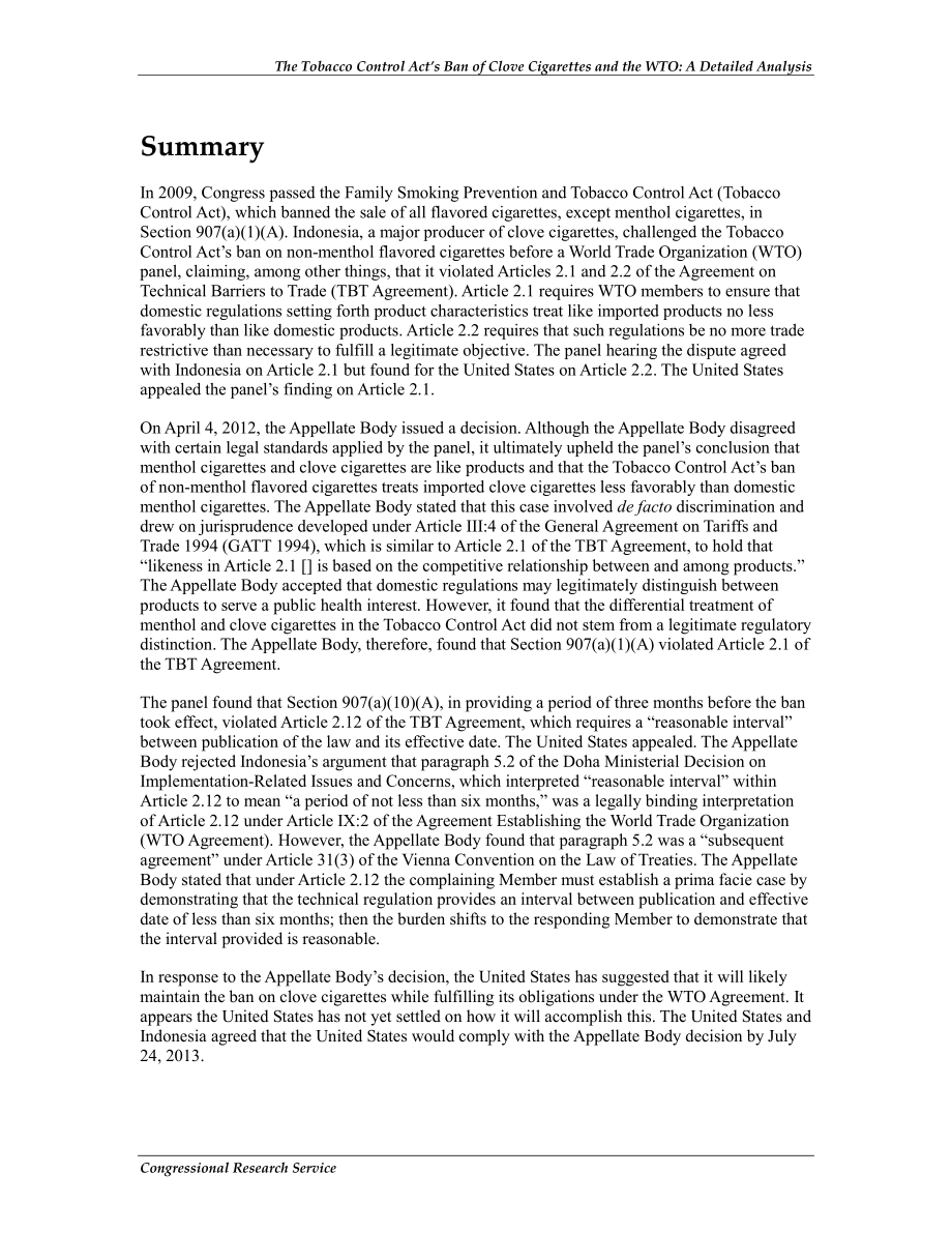 [20120917]R42733_《烟草控制法》禁止丁香烟与WTO：详细的分析.pdf_第2页