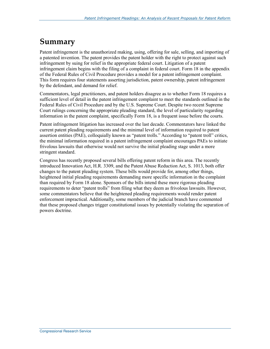 [20131122]R43321_专利侵权抗辩：近期专利改革建议分析.pdf_第2页