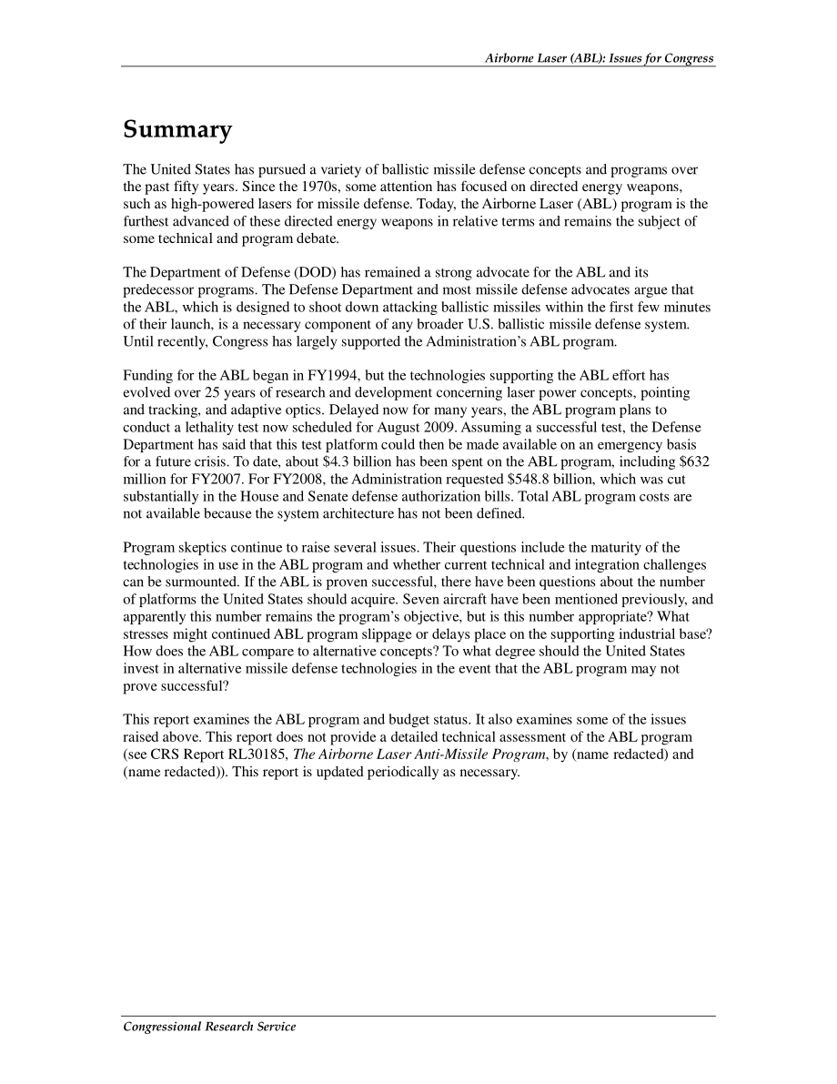[20070709]RL32123_机载激光器（ABL）：国会议题.pdf_第2页