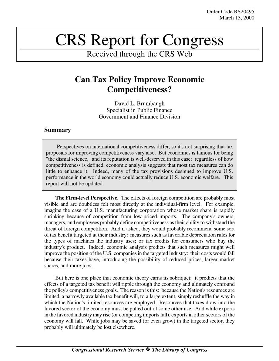 [20000313]RS20495_税收政策能否提高经济竞争力？.pdf_第1页