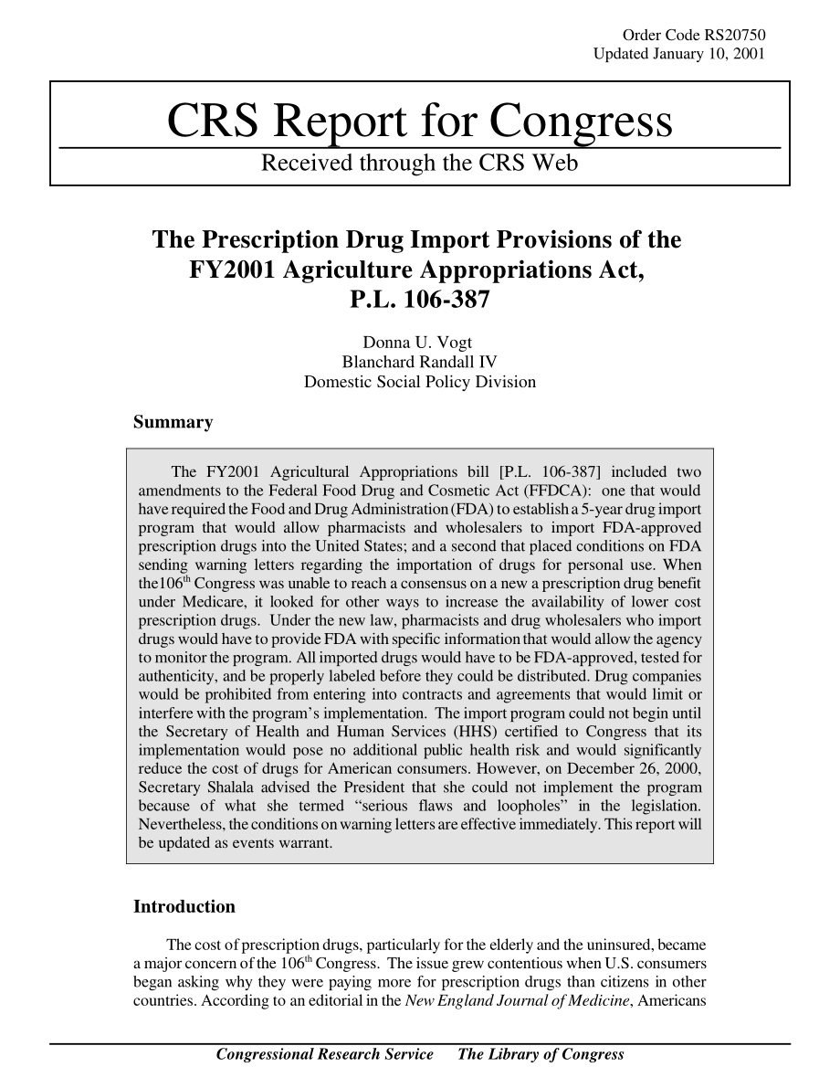 [20010110]RS20750_《2001财年农业拨款法》的处方药进口规定P.L106-387.pdf_第1页