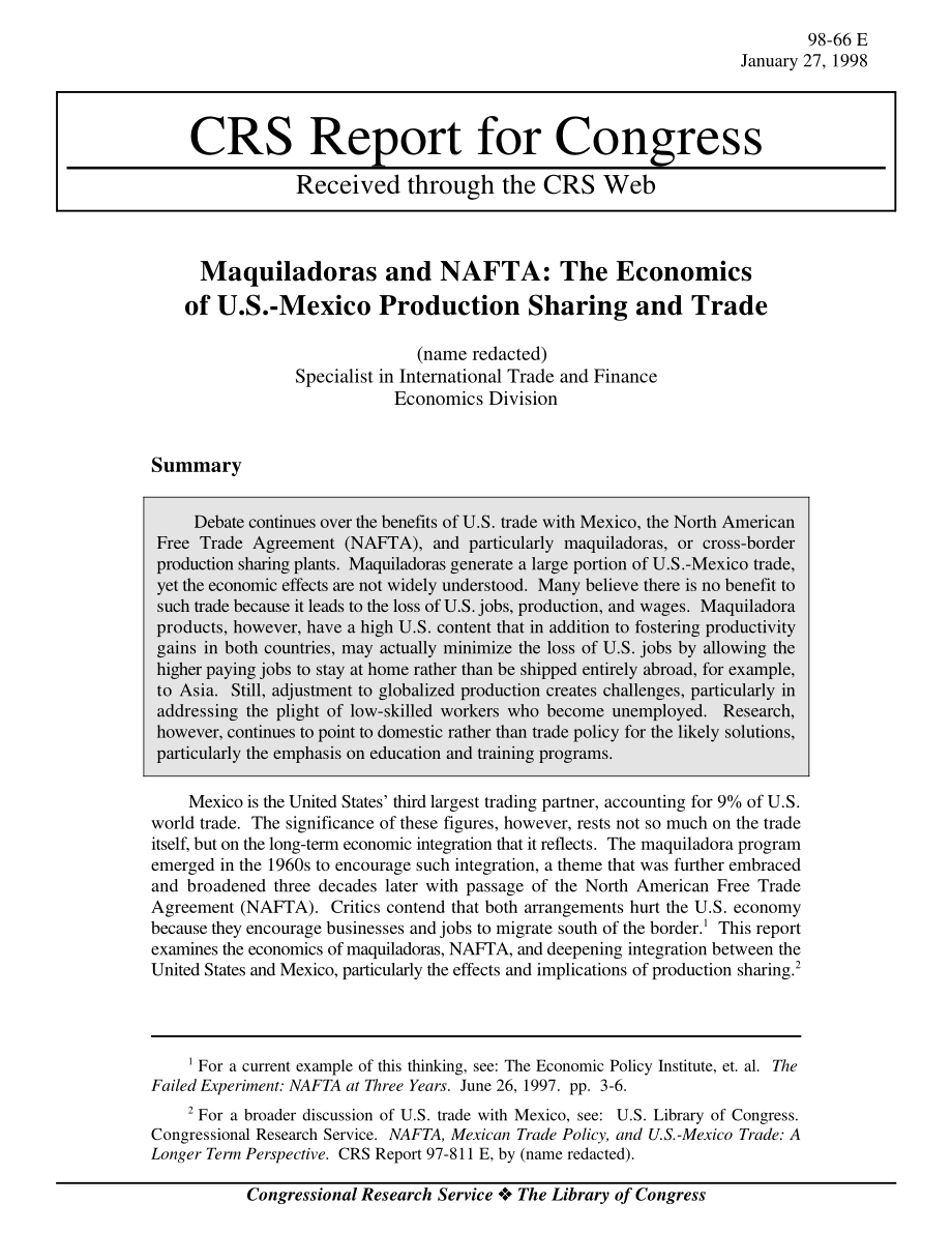 [19980127]98-66_Maquiladoras和NAFTA：美墨生产共享与贸易的经济学.pdf_第1页
