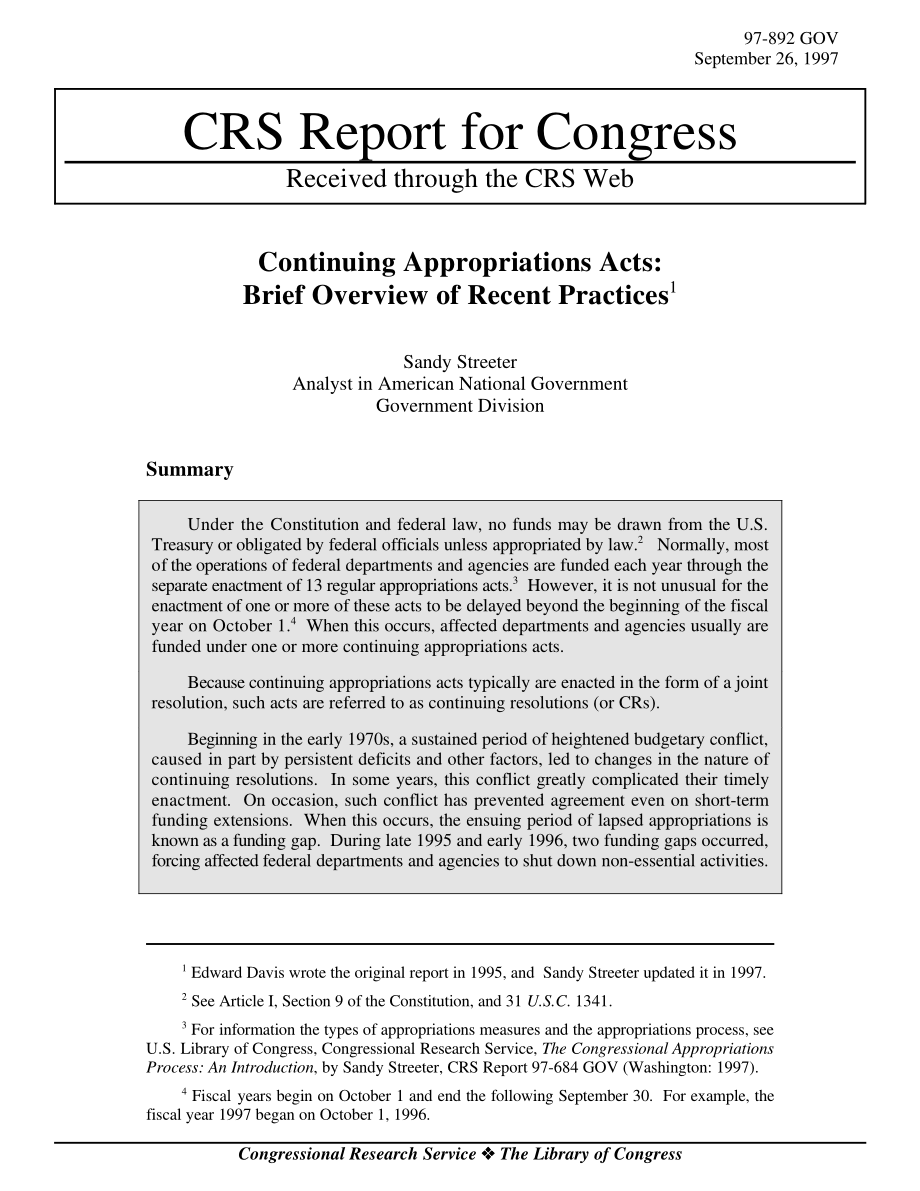[19970926]97-892GOV_持续拨款法案：近期实践概述.pdf_第1页